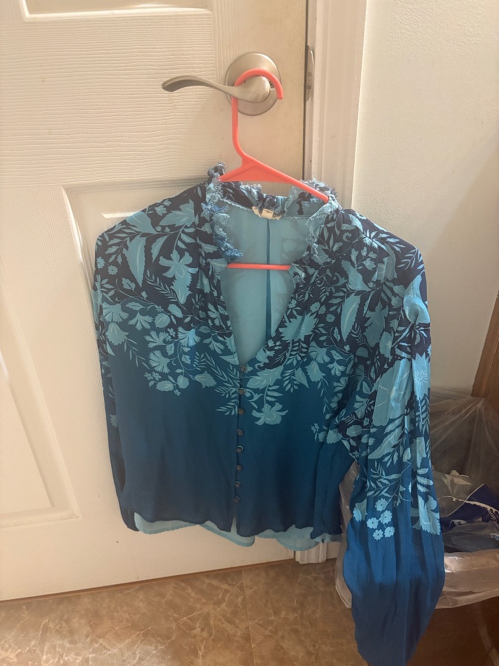 Pilcro Teal & Navy Floral Ruffle-Neck Buttoned Blouse